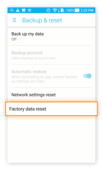The Backup & reset menu in the Settings of Android 7.0
