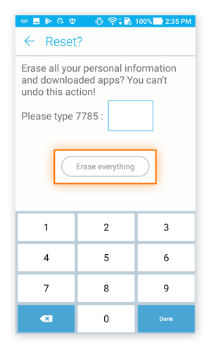 The password confirmation screen to reset a device using Android 7.0