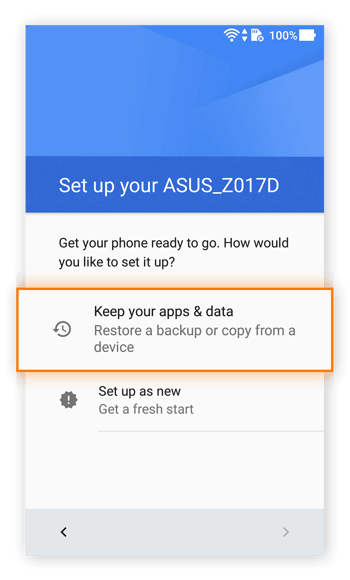 The setup menu in Android 7.0 on an Asus phone