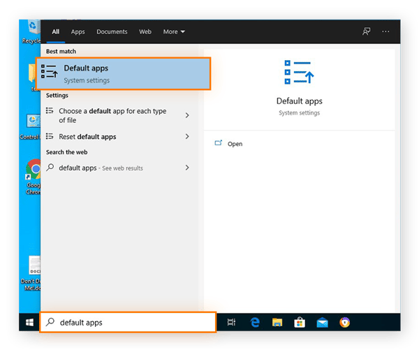Pesquisar as configurações do sistema de aplicativos padrão a partir do menu Iniciar no Windows 10.