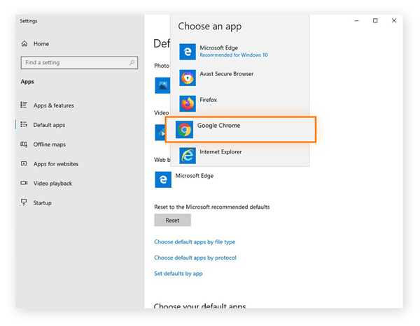 Setting Google Chrome as the default browser in Windows 10