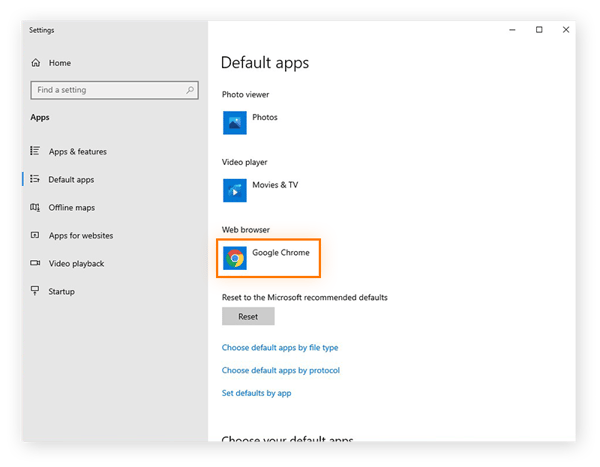 Selecting the default browser in the Default apps settings within Windows 10