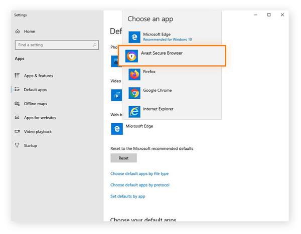 Establecer Avast Secure Browser como navegador predeterminado en Windows 10
