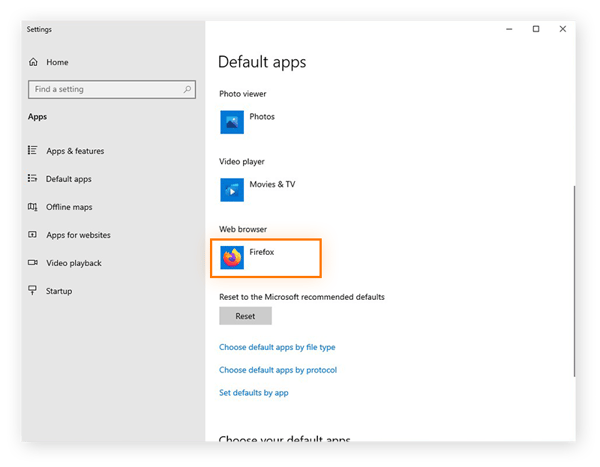 Viewing Firefox as the currently selected default web browser in Windows 10