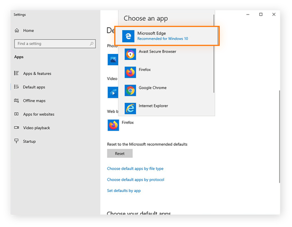 Choix de Microsoft Edge comme navigateur web par défaut dans Windows 10