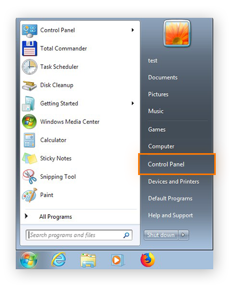 Opening the Control Panel from the Start menu in Windows 7