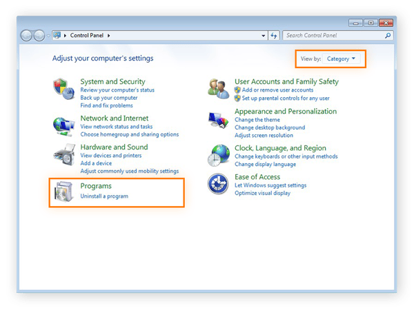 Choosing the Programs category from the Control Panel in Windows 7