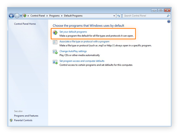The Default Programs settings within the Control Panel of Windows 7