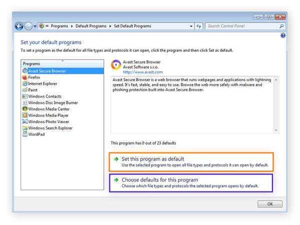 Setting Avast Secure Browser as the default web browser in Windows 7