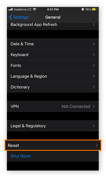 Navigating to the Reset options in the General Settings in iOS 13.4.1