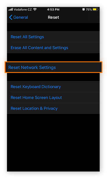 The Reset options in iOS 13.4.1