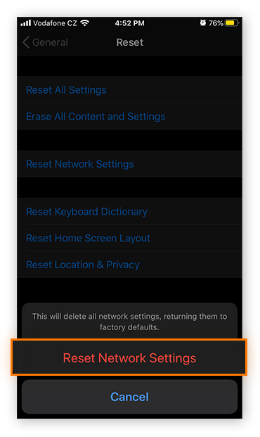 Resetting network settings in iOS 13.4.1