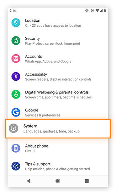 Opening up Settings in Android (Google Pixel 2)