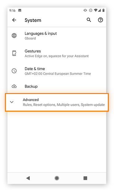 Opening up system settings in Android (Google Pixel 2)