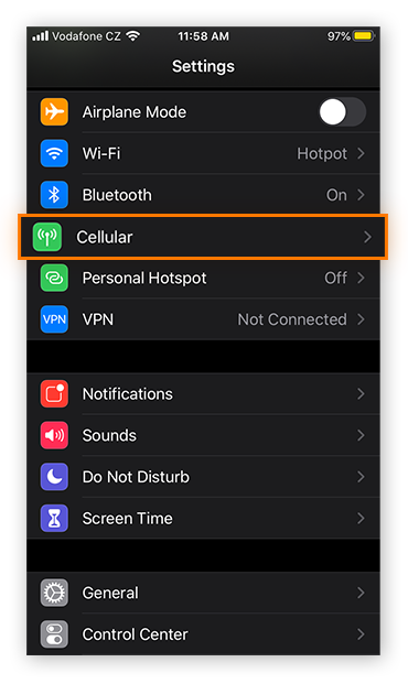 Accessing the Cellular Data settings with in the Settings app in iOS 13.5.1