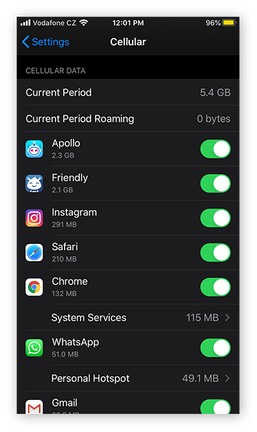 Viewing mobile data usage per app within the Cellular settings in iOS 13.5.1