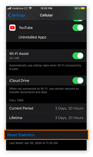Resetting mobile data statistics in the Cellular settings in iOS 13.5.1