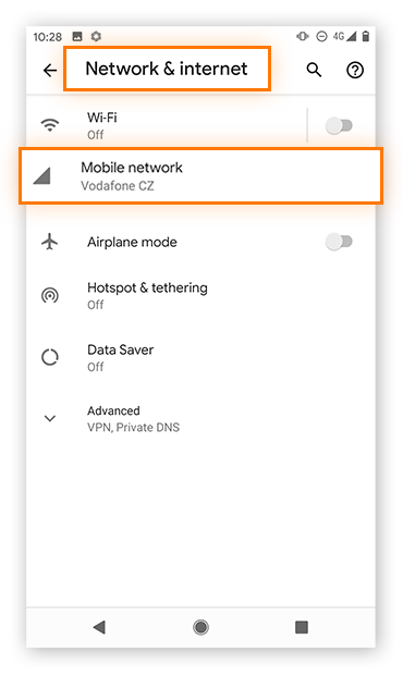 Opening up the Network & internet from Settings in Android