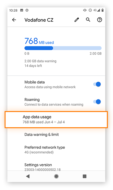 Opening up App data usage in Network settings in Android 10
