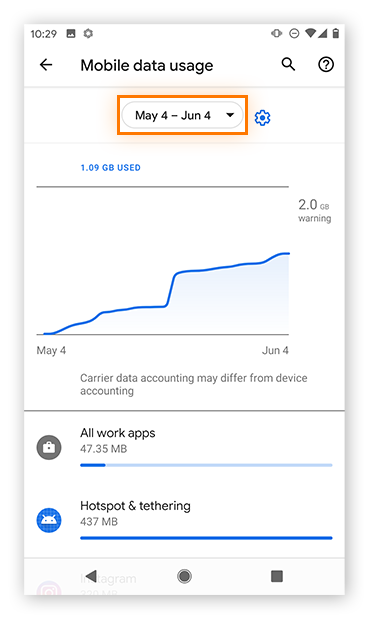 Choosing the time period to view app data usage in Android 10
