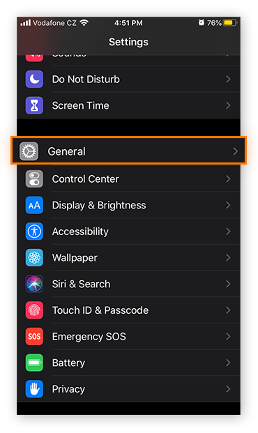 Opening the General Settings in iOS 13.4.1