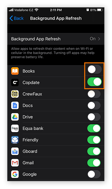 Toggling individual Background App Refresh settings in iOS 13.4.1