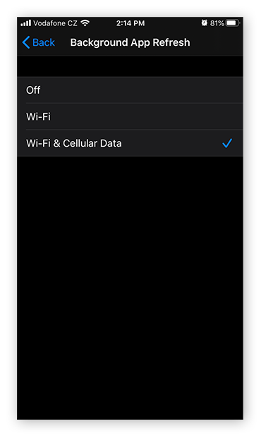 Choosing a Background App Refresh mode in iOS 13.4.1