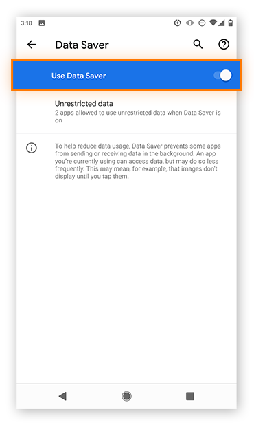 Turning on Data Saver mode in Android.