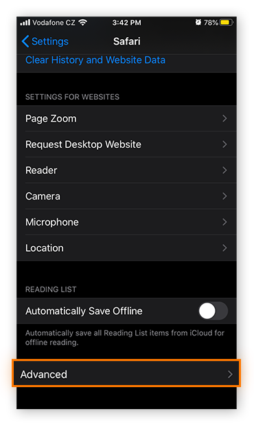 Opening the Advanced settings within the Safari settings in iOS 13.4.1