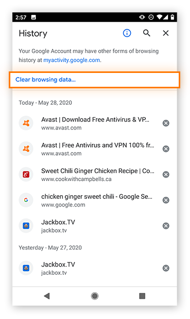 Viewing your internet history in Chrome on Android.