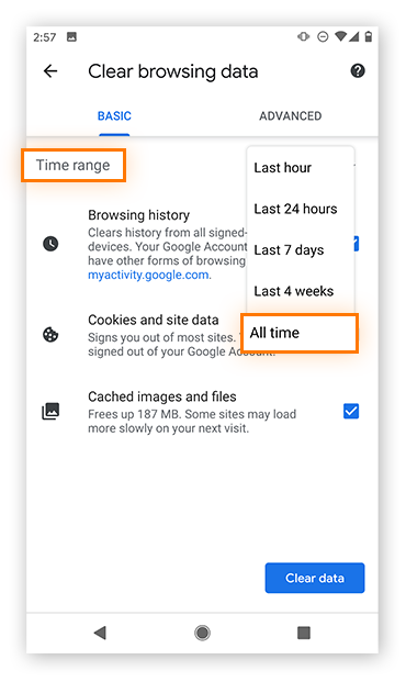 Selecting a time range from which to erase your cache data in Chrome on Android.