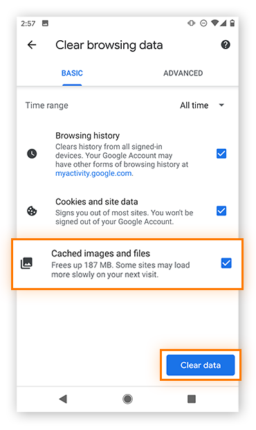 Clearing your cache and other browsing data in Chrome on Android.