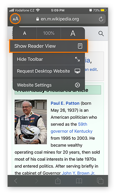 Switching to Reader Mode in Safari on iOS 13.4.1