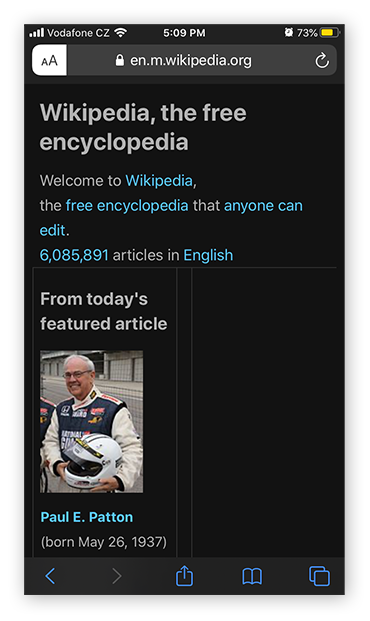 Wikipedia as seen in Reader Mode on Safari for iOS 13.4.1