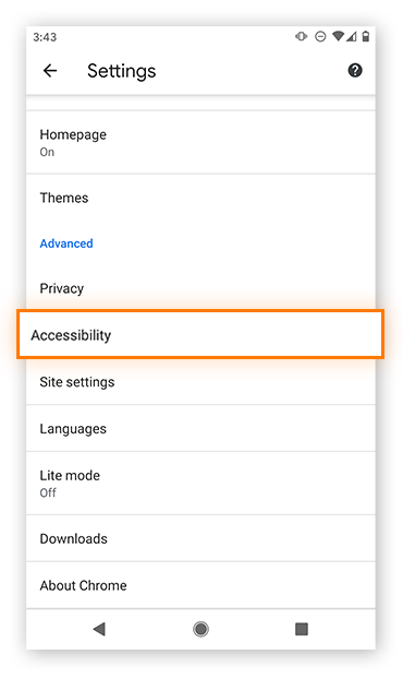 Opening up Settings in Chrome on Android.