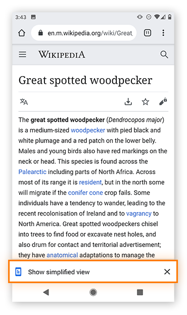 Viewing the option for simplified view in Chrome on Android.