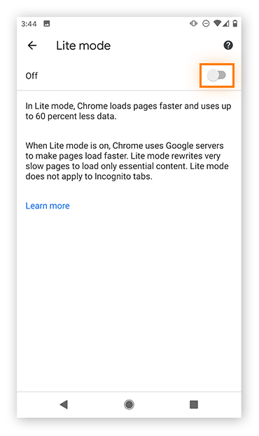 Enabling Lite Mode in Chrome on Android.