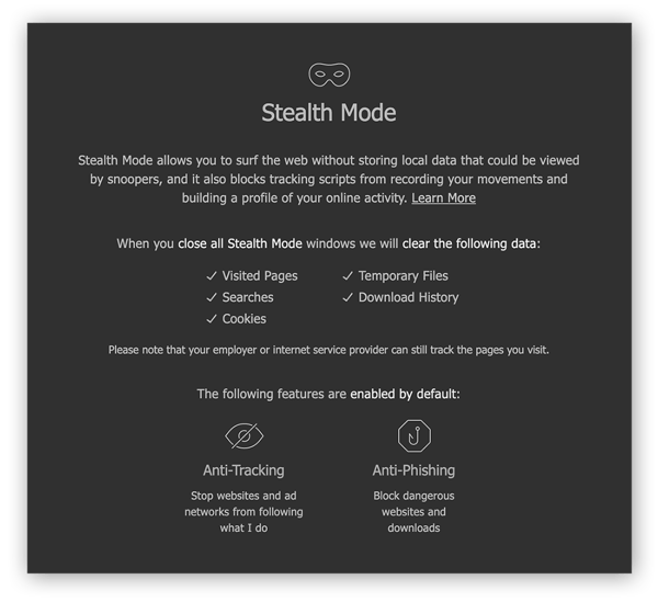 The opening page in Stealth Mode in Avast Secure Browser.