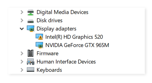 Device Manager showing problems with the graphics card