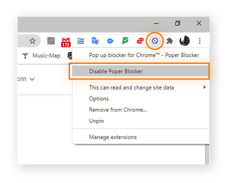 Desactive la extensión de bloqueo de ventanas emergentes de Chrome directamente desde el icono del navegador.