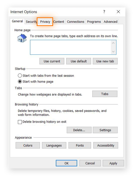 Captura de tela da caixa de diálogo Opções da Internet, com a guia Privacidade em destaque