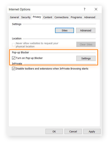 Captura de pantalla de la pestaña Privacidad en Opciones de Internet, con la opción Bloqueador de ventanas emergentes resaltada