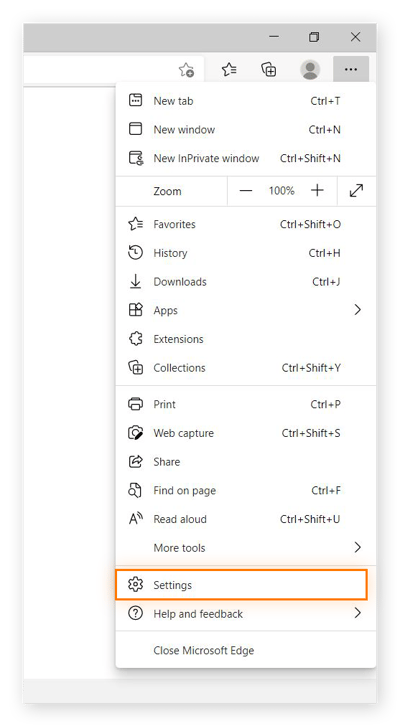 Screenshot of the MS Edge user menu, with the Settings option highlighted