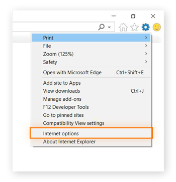 Capture d’écran du menu Outils dans Internet Explorer avec Options Internet mis en évidence