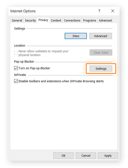Captura de pantalla de la pestaña de Privacidad en el cuadro de diálogo de Opciones de Internet, con la pestaña Configuración resaltada.
