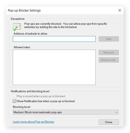 Screenshot of the Pop-up Blocker settings window