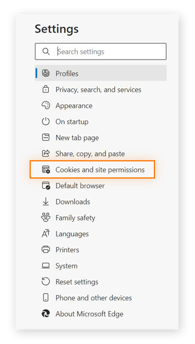Screenshot of the MS Edge Settings menu, with the option "Cookies and site permissions" highlighted