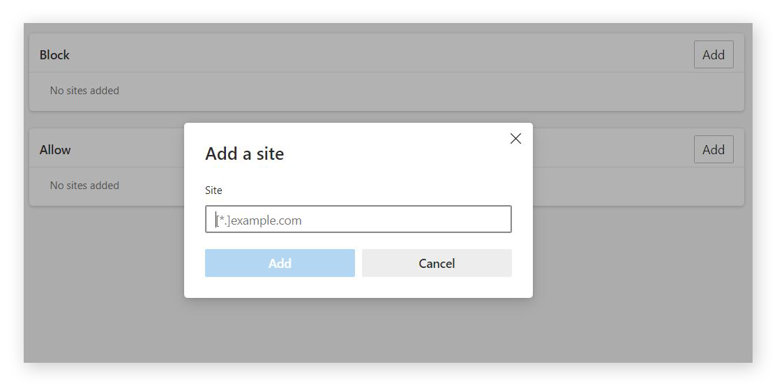 Captura de tela da caixa “Adicionar um site” no menu Pop-ups e redirecionamentos