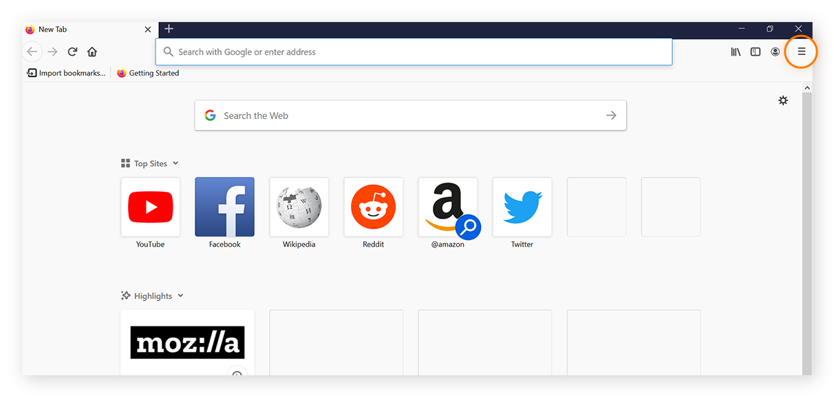 Neues Mozilla Firefox-Browserfenster, in dem rechts oben das Menü (drei Striche übereinander) hervorgehoben ist.