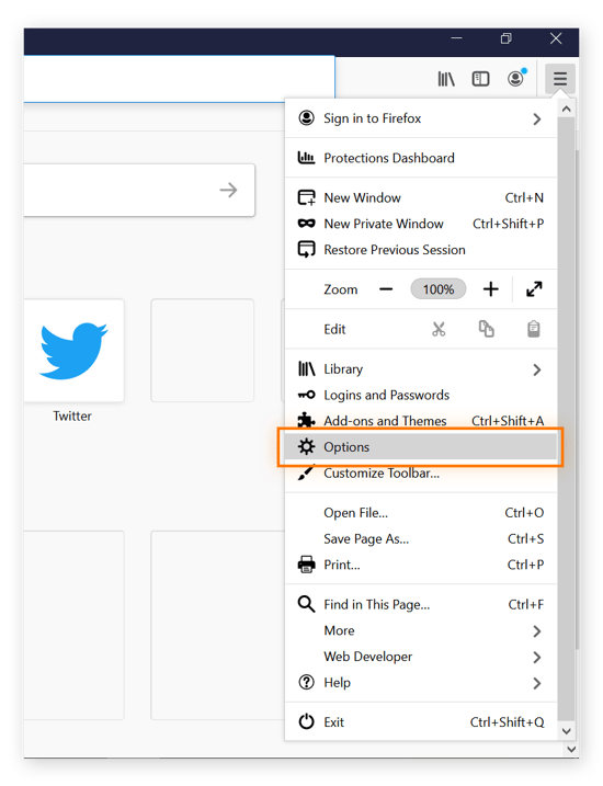O menu suspenso do navegador da Mozilla, com um item de menu Opções selecionado.